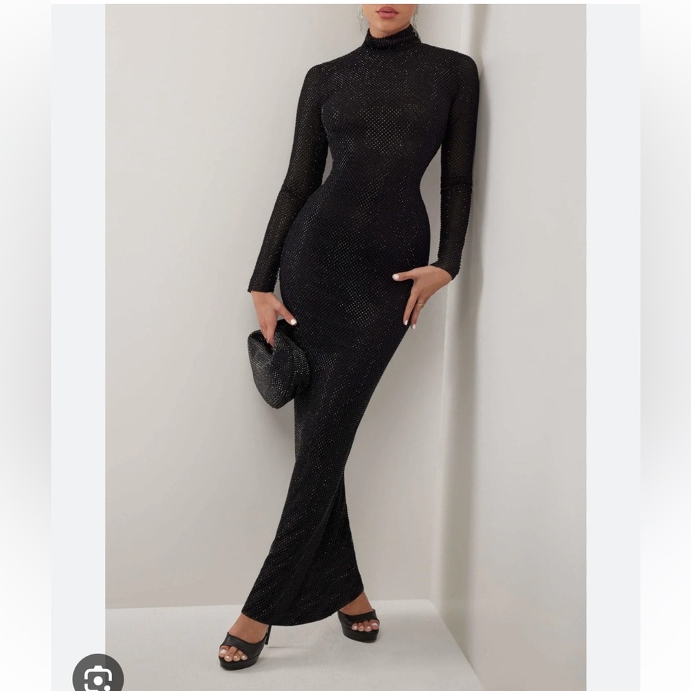Heiress Official BLACK CRYSTAL EMBELLISHED MESH TURTLENECK LINED MAXI DRESS